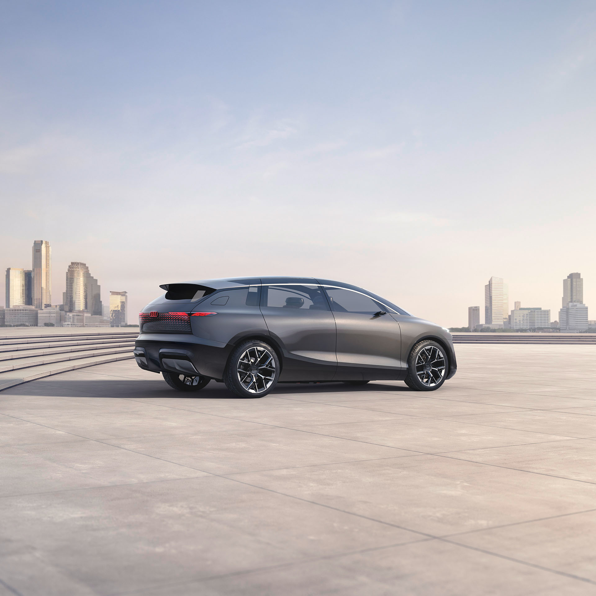 Rear view, photographed at a slight angle, of the Audi urbansphere concept.